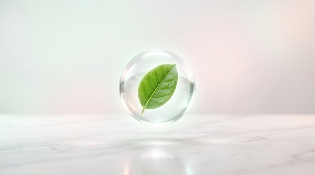 Green Leaf Inside a Glass Sphere on a Light Background Displaying Nature and Purity Concepts