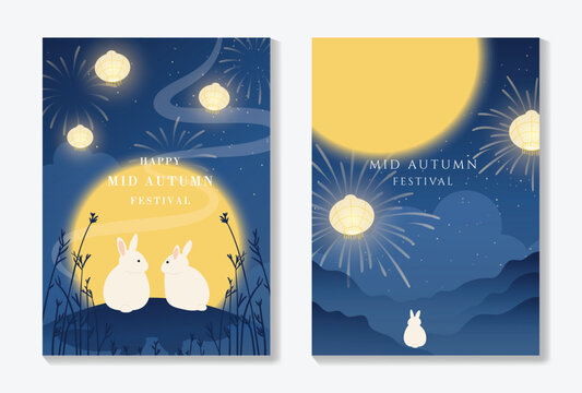 Mid Autumn Festival poster templates vector. Asian moon celebration designs with rabbit, lantern, clouds and floral elements for greeting card, banner, invitation and social media.