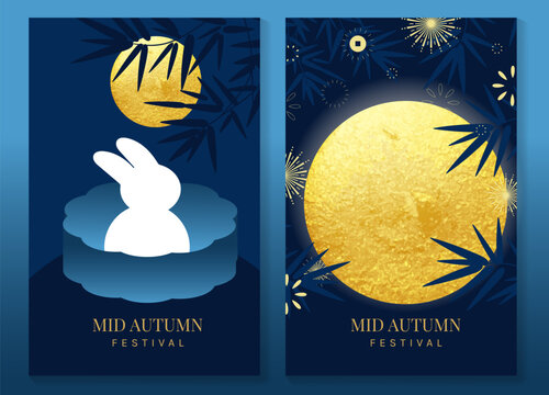 Mid Autumn Festival poster templates vector. Asian moon celebration designs with rabbit, lantern, clouds and floral elements for greeting card, banner, invitation and social media.