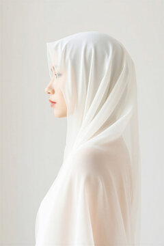 beautiful Muslim woman wearing elegant white chiffon hijab veil. Romantic portrait