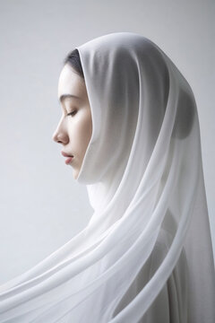 portrait of serene young woman in white silk hijab