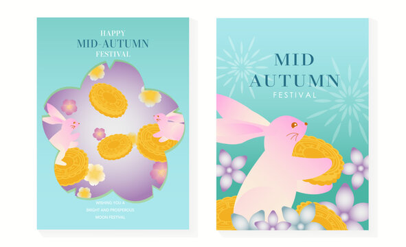 Mid Autumn Festival poster templates vector. Asian moon celebration designs with rabbit, lantern, clouds and floral elements for greeting card, banner, invitation and social media.