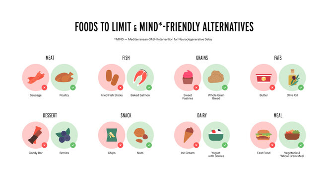 MIND diet friendly food alternatives infographic. Flat vector illustration of bad vs good nutrition. Processed meat, sugar and fast food compared to healthy diet choices isolated on white.