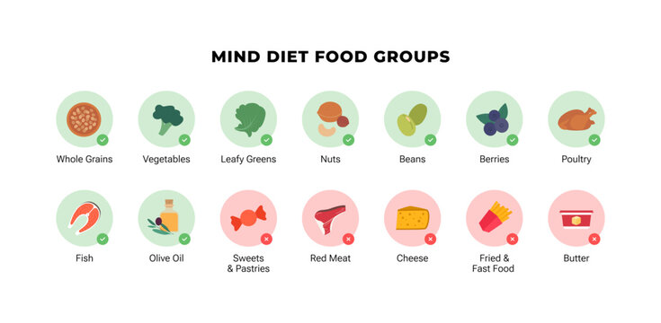 MIND diet food groups infographic. Flat vector illustration of brain health nutrition. Good and bad products icon set with vegetables, berries, meat and fast food isolated on white background.