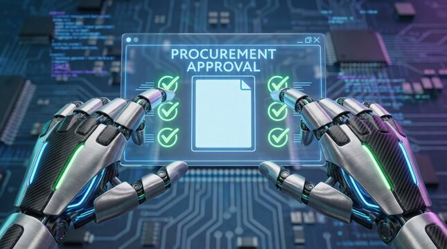 Digital procurement document management system shows invoice quotation and contract approval with robotic hands