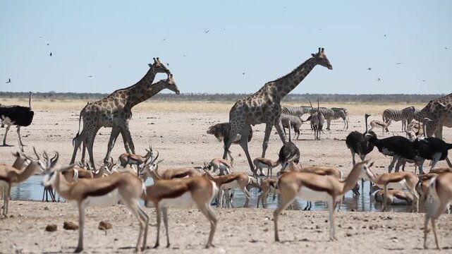Giraffes and springboks at waterhole, Etosha, Namibia.