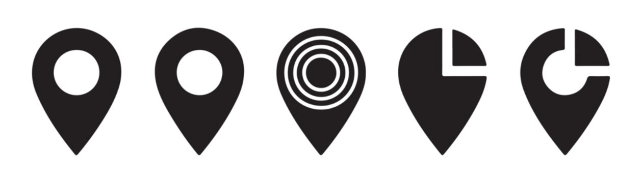 Set of five map marker icons featuring varied patterns like circles and pie chart styles for designs.