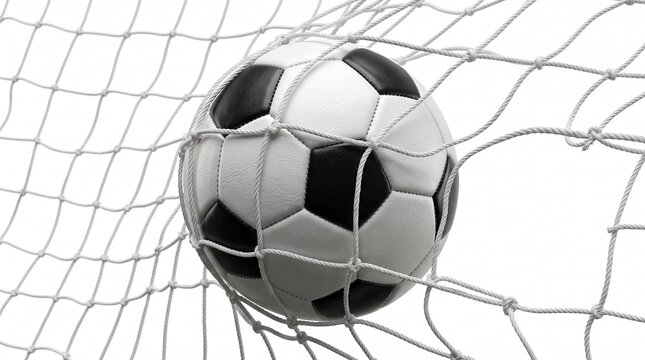 サッカーボールがゴールネットに突き刺さる瞬間、白背景に映えるモノクロ調のサッカーゴールシーン、勝利と成功を象徴するスポーツの決定的瞬間、ダイナミックな構図のフットボール画像