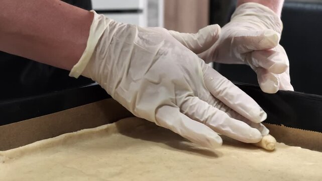 A close-up, top-down view of hands in gloves meticulously manipulating dough on a wooden rolling pin in a kitchen workspace. The scene is set against a beige and white backdrop, emphasizing.