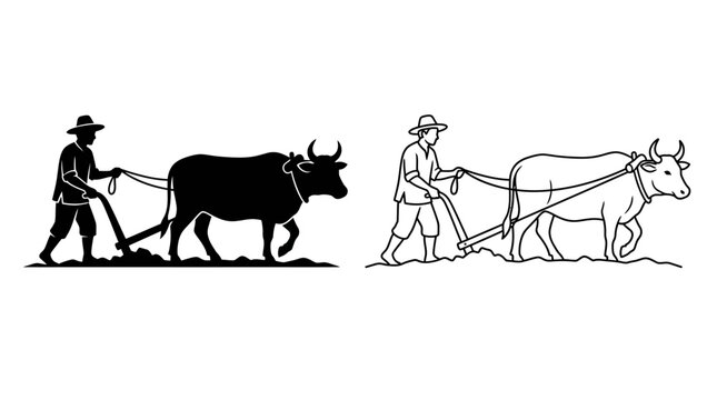 Farmer Plowing Field With Oxen Black And White Silhouette Illustration