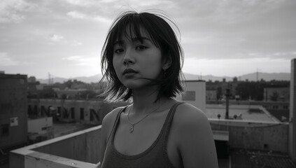 Obraz premium 夕焼けに染まるビルの屋上で風にショートボブを大きく躍動させるタンクトップの女性