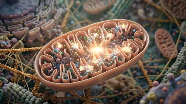 Mitochondrion, cellular powerhouse organelle, generating chemical energy through oxidative phosphorylation, showing internal molecular processes, with glowing active particles.