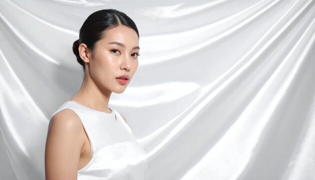 Elegant Asian Woman with Smooth Skin and Hair in White Dress Against Silky Fabric Background