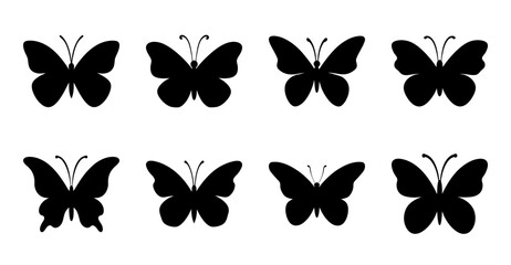 Fototapeta premium Black butterfly icons in grid formation - Eight stylish black butterfly icons arranged neatly in two rows of four for graphic design use.