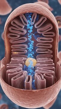 Mitochondrion revealing intricate internal structure, demonstrating active molecular transport within inner membrane fold during cellular energy production.