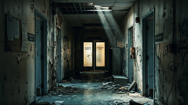 Abandoned elevator with graffiti and broken interior in dim lighting . Ai Generated