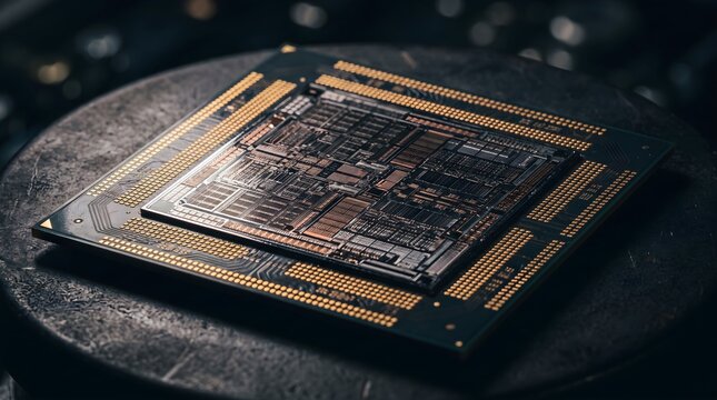 Close Up of an Advanced AI Accelerator Processor Chip on a Dark Reflective Surface With Intricate Circuitry and Golden Contacts High Performance Computing Technology