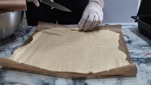 A baker meticulously rolls out dough on a kitchen counter, demonstrating precision and care in a commercial kitchen environment. The scene captures the detailed process with beige and brown.