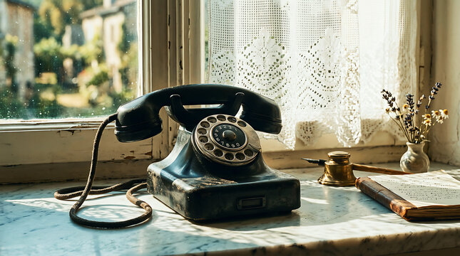 Vintage rotary telephone on a wooden table by a window with floral curtains . Ai Generated