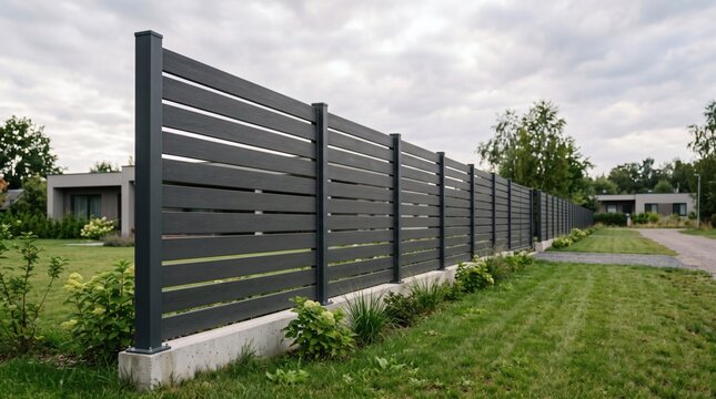 Modern Dark Horizontal Slat Fence with Concrete Base in a Suburban Backyard.