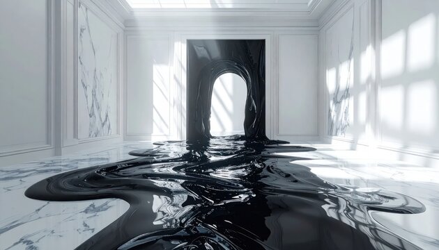 Dark doorway with black liquid spilling onto white floor.