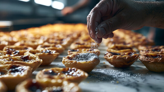 Baker Dusting Powdered Sugar on Pastry Tarts