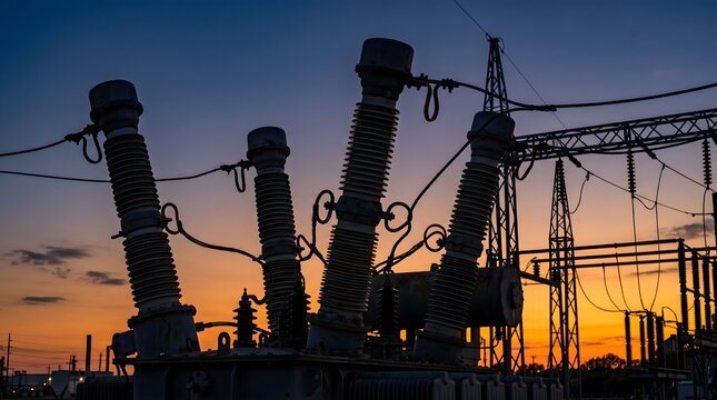 High Voltage Transformer Bushings and Insulators Silhouetted Against a Colorful Twilight Sky at an Electrical Substation Power Transmission Heavy Industry