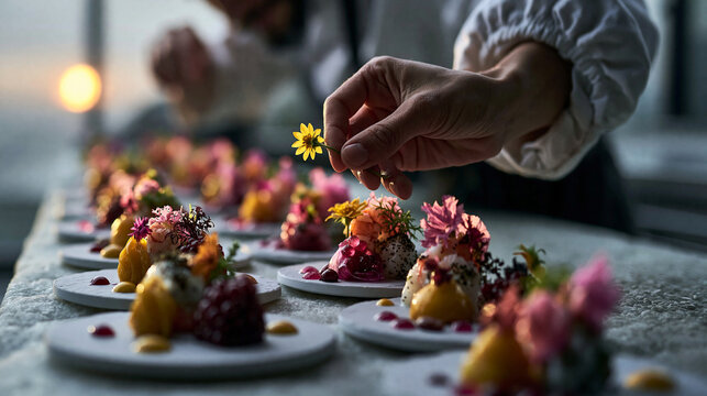 Hand Placing Flower on Decorative Dessert Plate