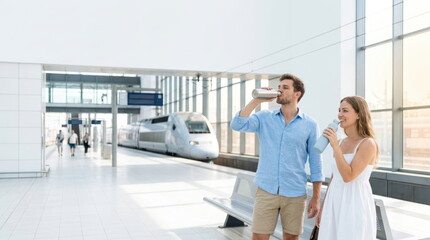 Obraz premium Passengers seeking relief from heatwave while cooling off in public space