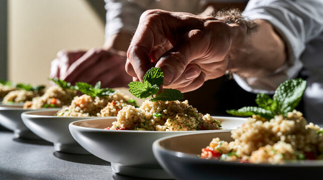 Chef Garnishing Couscous Bowls with Fresh Mint