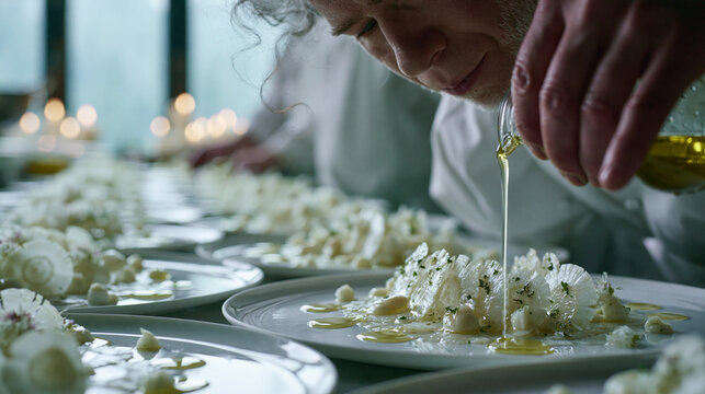 Chef Drizzling Olive Oil on Plated Dish