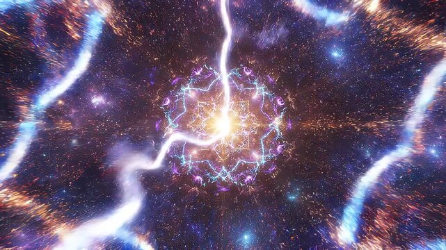 Colorful abstract art featuring a central mandala bursting with vibrant neon colors and intricate kaleidoscopic patterns, creating a mesmerizing psychedelic.mp4, Abstract flight in retro neon hyper wa