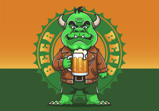 Vector cartoon of standing green ugly horned goblin or troll in brown leather jacket, holding full mug of beer. Funny beery emblem, sticker, or label. Comical monster and alcoholic beverage