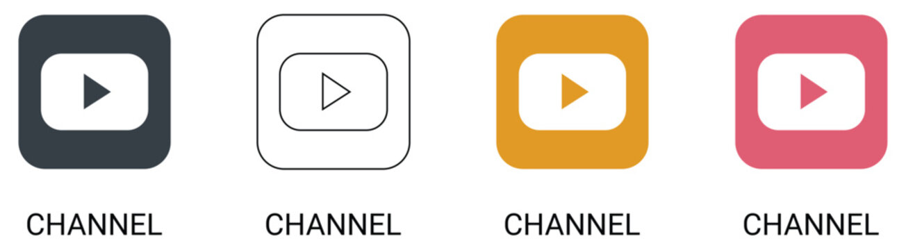 Video player channel line and solid glyph icon set featuring media streaming, play button, and social media content creator symbols