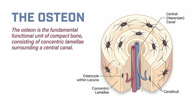 Microscopic view of an osteon as the functional unit of compact human bone.