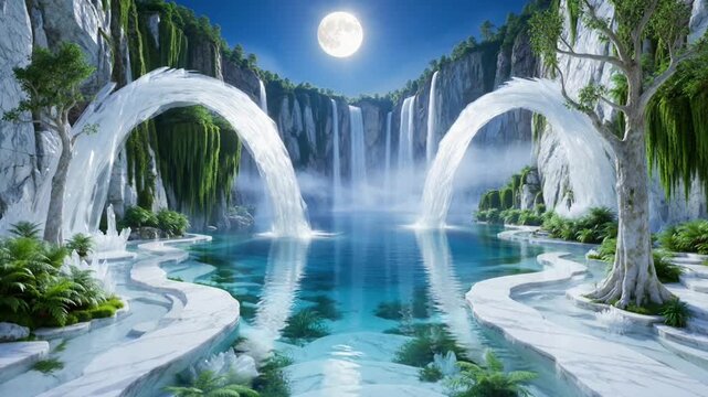 Enchanted Fantasy Waterfall Landscape Featuring Crystal Water and a Radiant Full Moon at Midnight