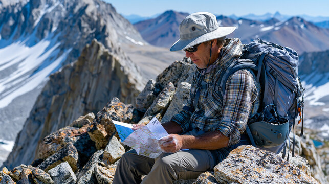 A solitary scrambler pauses on a blocky ridgeline to study a route topo card, chalk on fingertips from earlier friction moves, helmet clipped to the pack harness, the technical terrain below transit