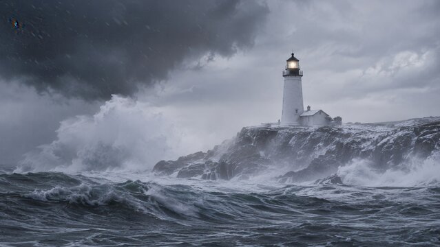 Stormy ocean waves crashing near lighthouse on rocky coast during dramatic winter weather conditions