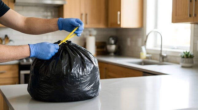 Person Carrying Full Garbage Bag in Modern Kitchen