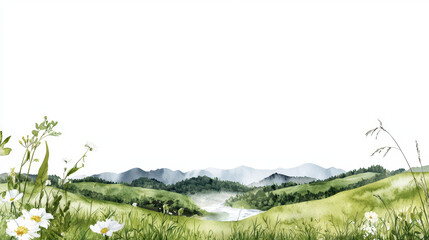 Obraz premium Serene watercolor landscape featuring rolling green hills, distant mountains, and wildflowers in foreground, evoking tranquility and nature beauty