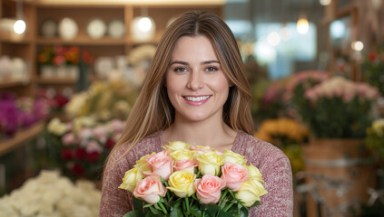 Fototapeta premium 色鮮やかな生花が並ぶ花屋でパステルカラーのバラの花束を大切そうに抱えて微笑む外国女性