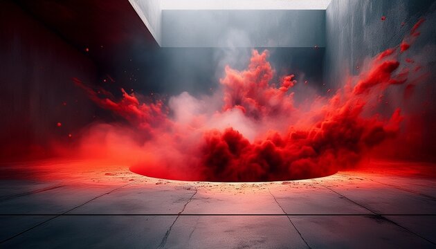 a red smoke stream emerges from a hole in the concrete floor creating a dynamic and abstract visual effect