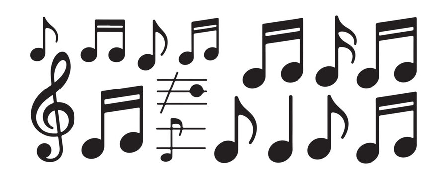 Music note icons set including treble clef eighth sixteenth and quarter notes on gray background.