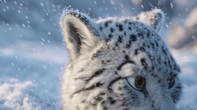 Adorable snow leopard cartoon blinking in the falling snow