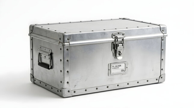 Heavy-duty silver aluminum storage case with secure latches isolated on a white background. Suitable for transport, equipment storage, tools, security, logistics, packaging, and industrial application