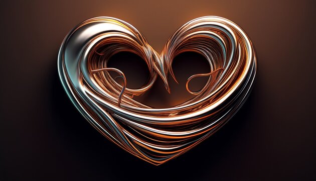 metallic squiggle line 3d shape isolated futuristic chrome wriggling line banner with heart symbol abstract tangled curve