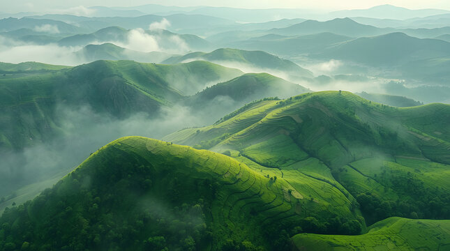 Panoramic aerial view of lush green mountain terraces shrouded in morning mist