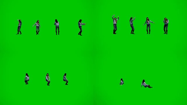 3d animated cartoon animation people standing and walking on green screen chromakey background. Diverse animated characters creating natural daily pedestrian crowd perfect for urban lifestyle sim