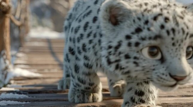 Cute snow leopard cartoon cub walking across a wooden bridge