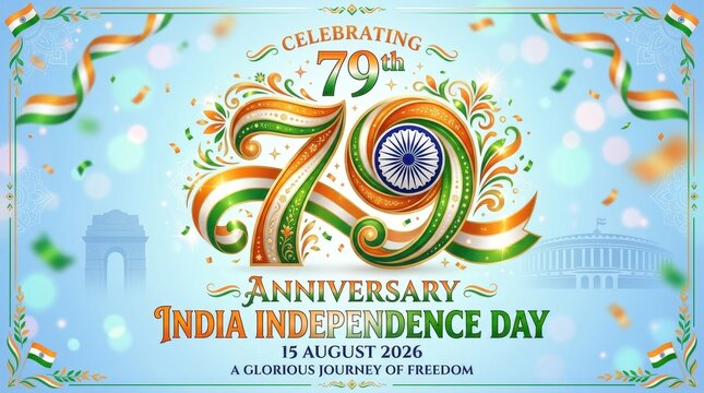 Seventy ninth anniversary india independence day card featuring ornate number 79 decorative floral patterns tricolor ribbons and parliament building illustration art